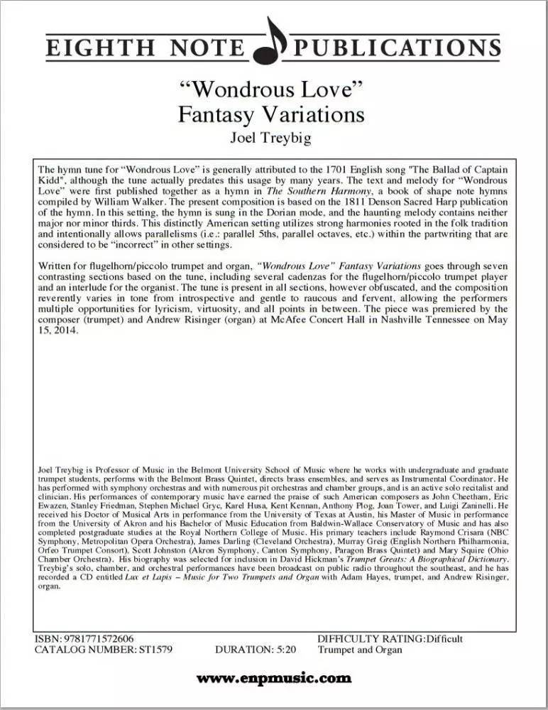 \'\'Wondrous Love\'\' Fantasy Variations - Treybig - Flugelhorn, Piccolo Trumpet/Organ