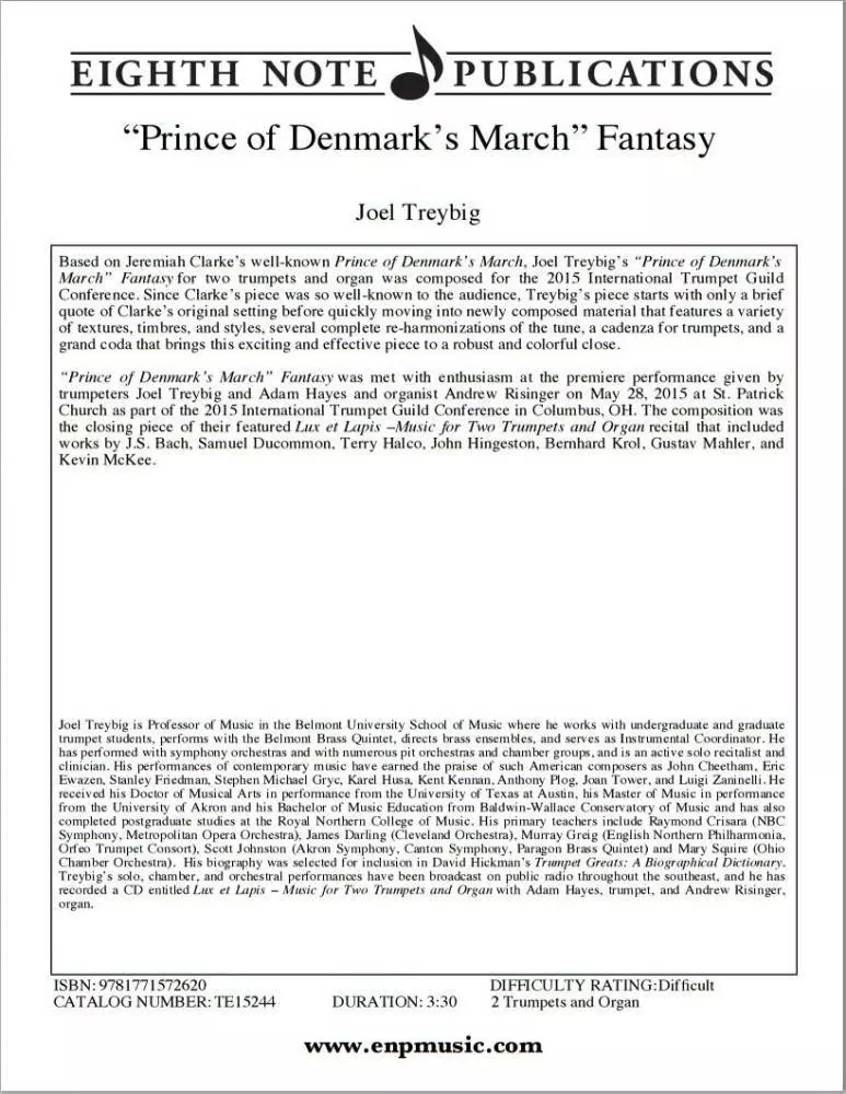 \'\'Prince of Denmark\'s March\'\' Fantasy - Treybig - 2 Trumpets/Organ
