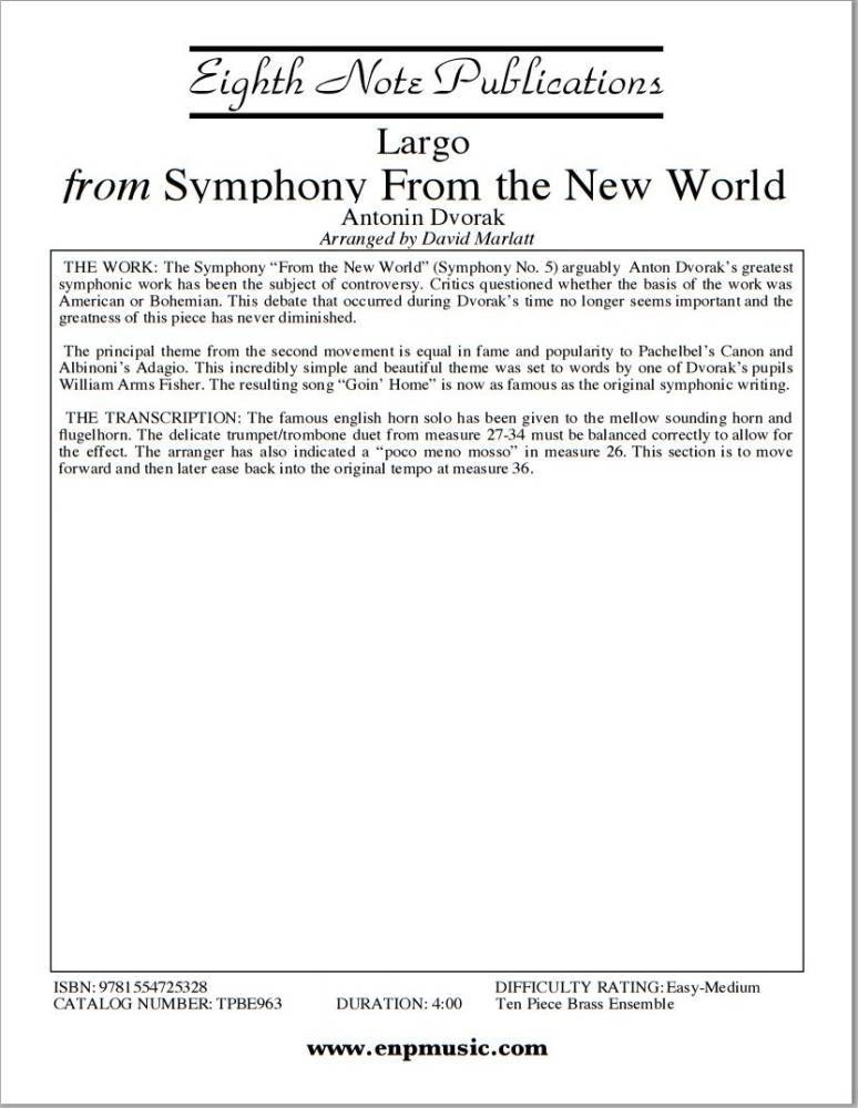 Largo from New World Symphony - Dvorak/Marlatt - Brass Ensemble - Score/Parts