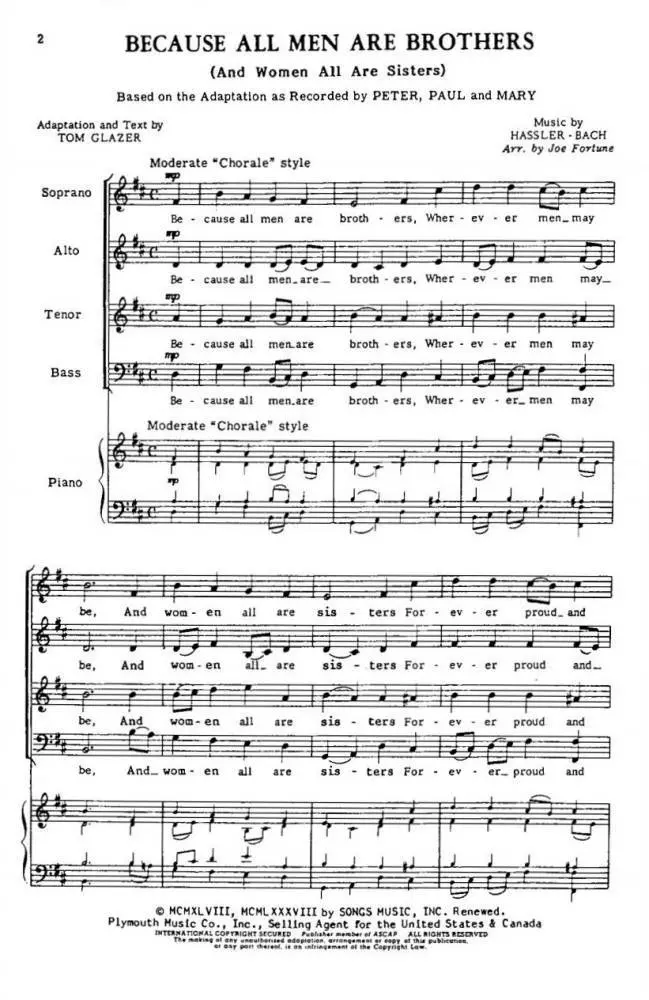 Because All Men Are Brothers (And Women All Are Sisters) - Glazer /Hassler /Bach /Fortune - SATB