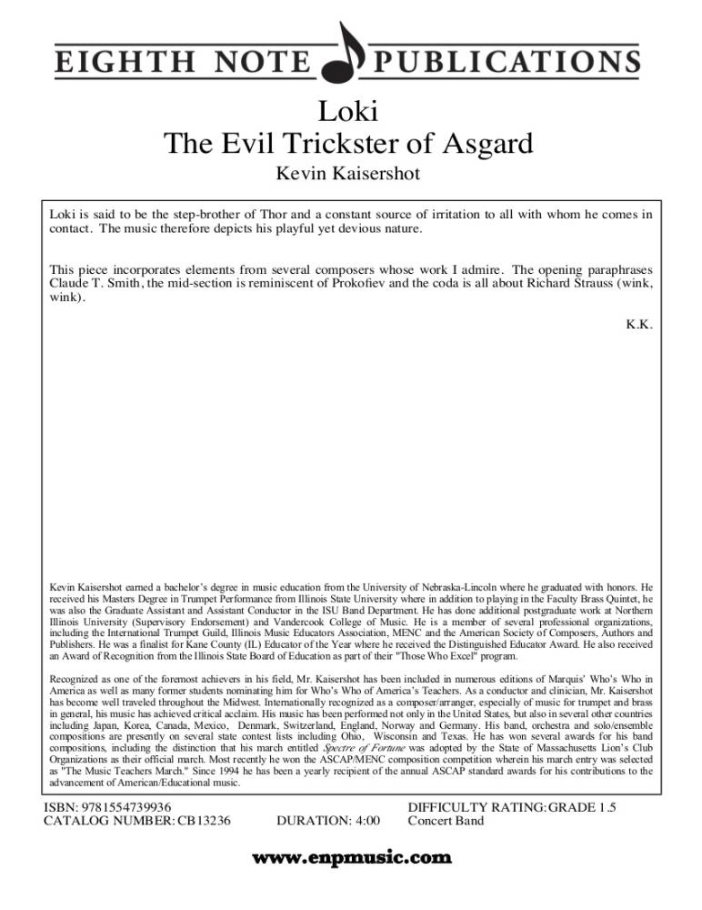 Loki: The Evil Trickster of Asgard - Kaisershot - Concert Band - Gr. 1.5