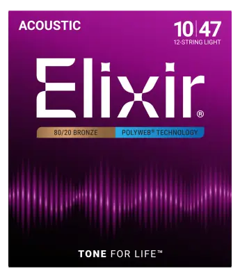 Elixir Strings - 80/20 Bronze 12-String Acoustic Guitar Strings w POLYWEB Technology, Light (.010-.047)