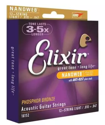 Acoustic Phosphor Bronze Guitar Strings with NANOWEB Coating, 12-String Light