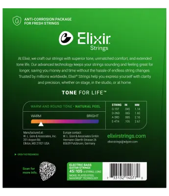 Nickel Plated Steel 4-String Bass Strings w NANOWEB Technology, Long Scale, Light/Medium (.045-.105)
