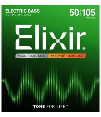 Elixir Strings - Nickel Plated Steel 4-String Bass Strings w NANOWEB Technology, Long Scale, Medium (.050-.105)