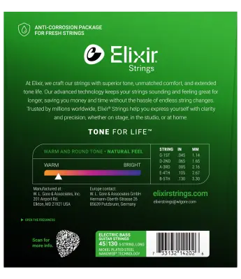 Nickel Plated Steel 5-String Bass Strings w NANOWEB Technology, Long Scale, Light (.045-.130)