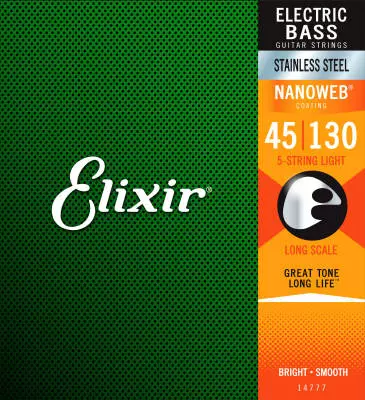 Elixir Strings - Stainless Steel Electric Bass Guitar 5-String Set with NANOWEB Coating , Light, Long Scale