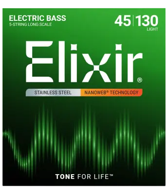 Elixir Strings - Stainless Steel 5-String Bass Strings w NANOWEB Technology, Long Scale, Light (.045-.130)