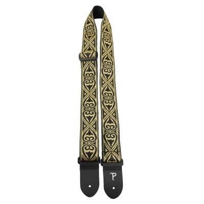 2\'\' Jacquard Guitar Strap with Leather Ends - Black & Gold Tribal