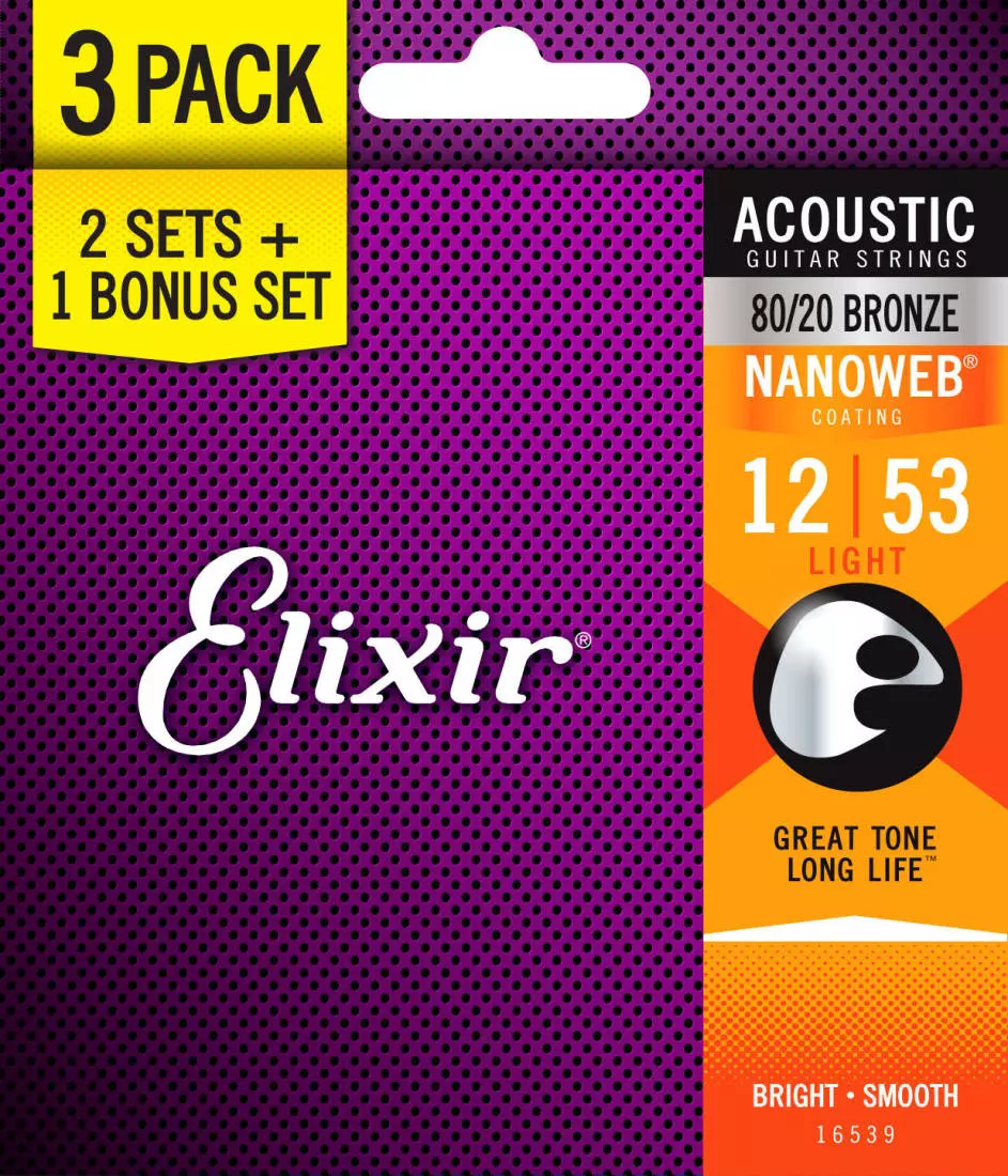 80/20 Bronze Acoustic Guitar Strings w/NANOWEB Coating, Light 12-53, 3 for 2 Pack