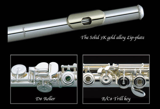 795RB-CODA Elegante Series Silver Flute w/ Gold Lip Plate, C# Key, D# Roller, Inline-G, Open Holes