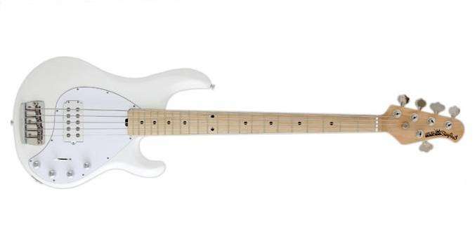 Stingray 5 String Bass Guitar with Maple Neck, White Pickguard - White