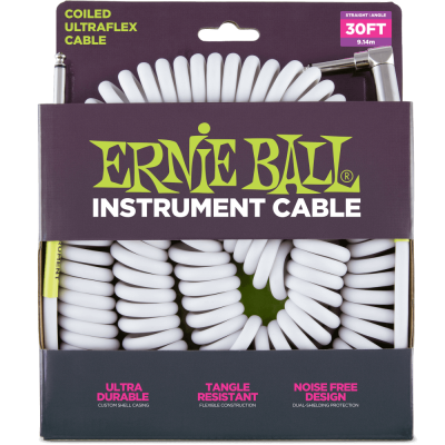 30\' Coiled Straight/Angle Instrument Cable - White