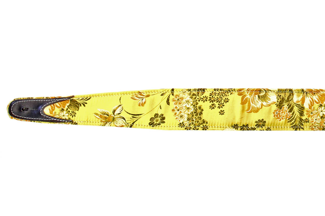 Beige/Gold Silk Rose Guitar Strap with Adjustable Leather Tail