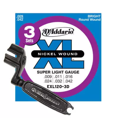 EXL120 Nickel Wound Super Light Strings, 9-42 (3 Sets) w/Free Winder