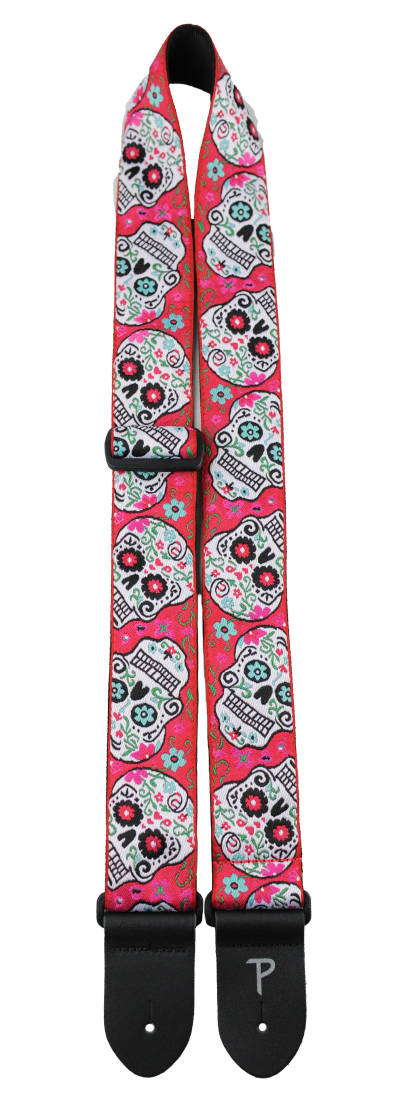 2\'\' Hope Collection Jacquard Guitar Strap with Leather Ends - Pink Sugar Skulls
