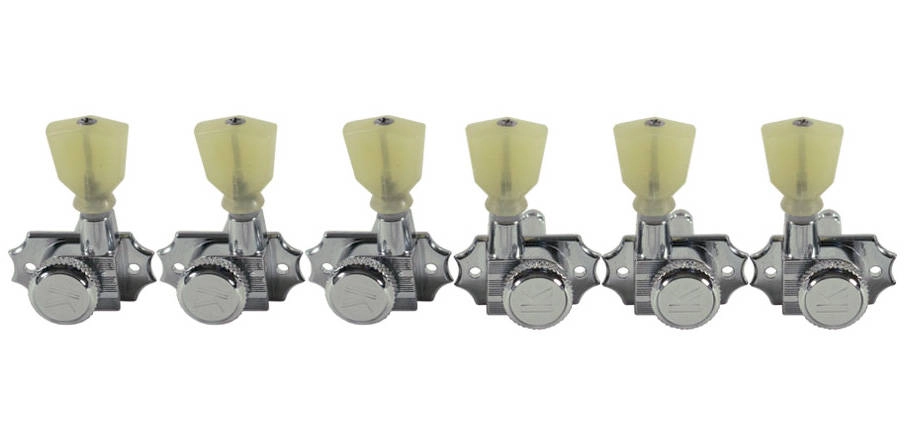 Revolution Die-Cast Locking No-Collar Tuners - Chrome w/ Pearloid Button, 3-Per-Side