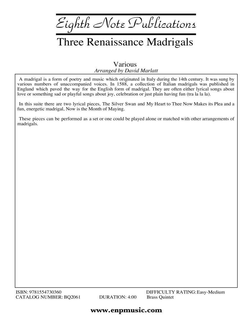Three Renaissance Madrigals - Gibbons/Di Lasso/Morley/Marlatt - Brass Quintet