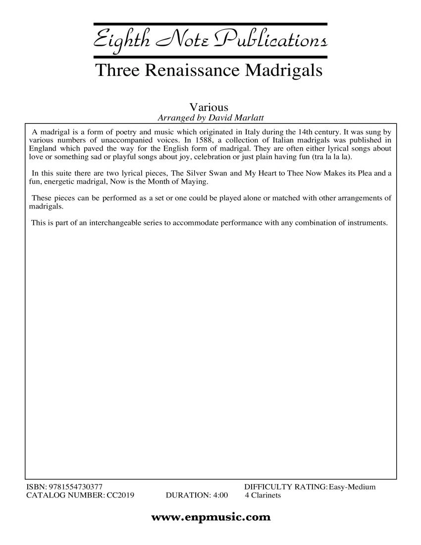 Three Renaissance Madrigals - Gibbons/Di Lasso/Morley/Marlatt - 4 Clarinets