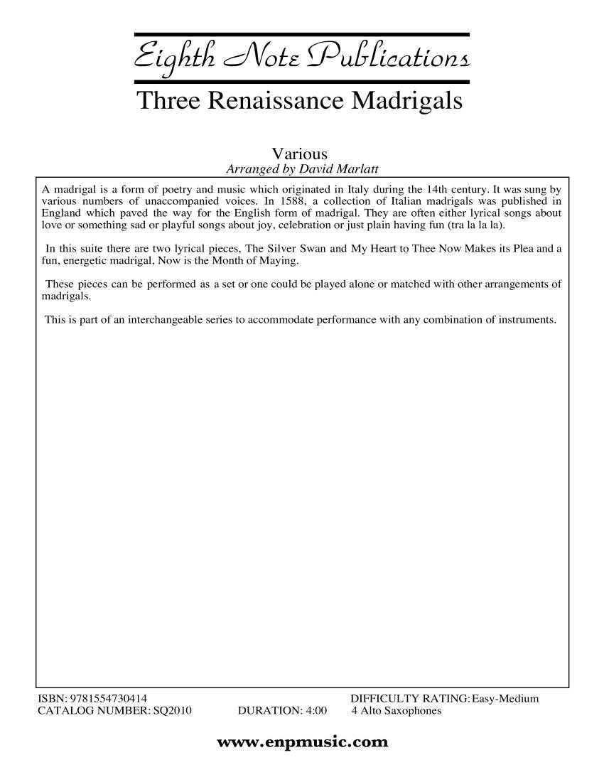 Three Renaissance Madrigals - Gibbons/Di Lasso/Morley/Marlatt - 4 Alto Saxophones