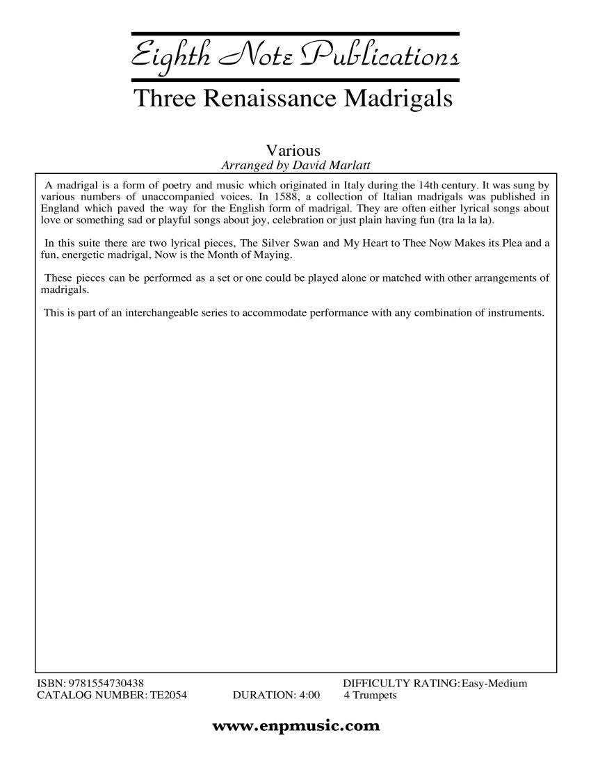 Three Renaissance Madrigals - Gibbons/Di Lasso/Morley/Marlatt - 4 Trumpets