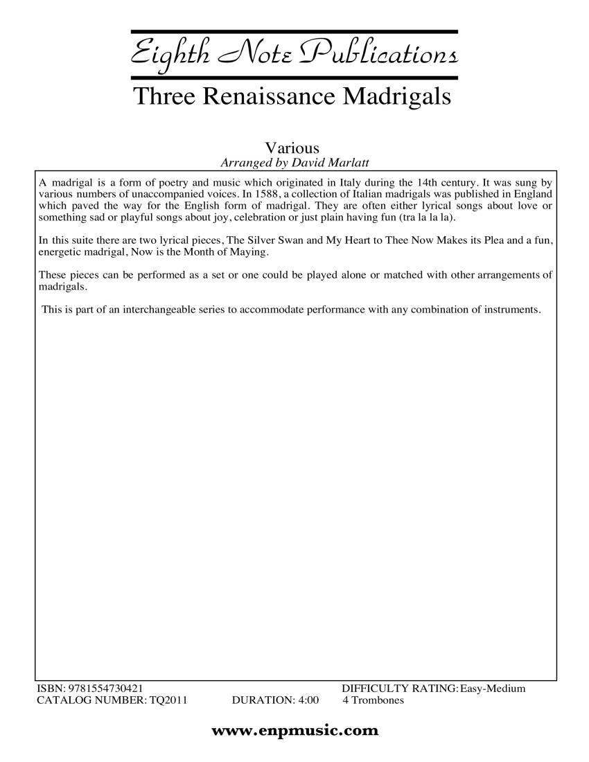 Three Renaissance Madrigals - Gibbons/Di Lasso/Morley/Marlatt - 4 Trombones