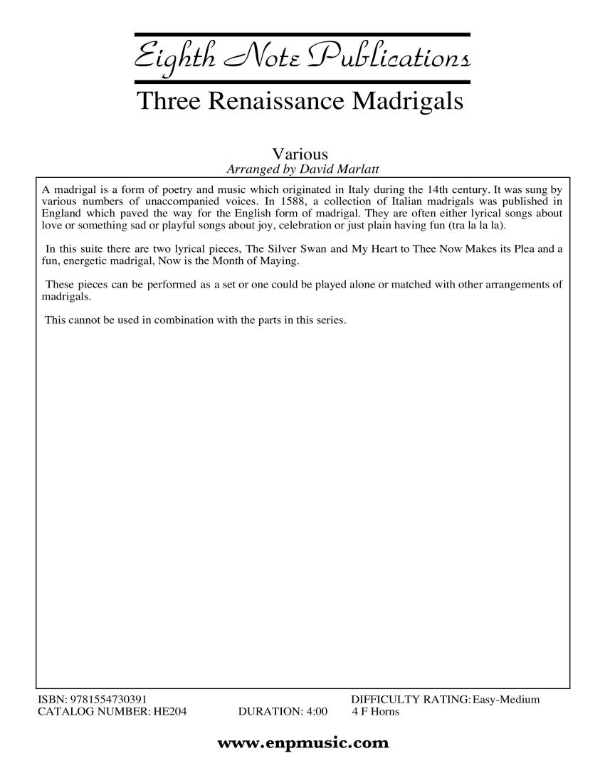 Three Renaissance Madrigals - Gibbons/Di Lasso/Morley/Marlatt - 4 F Horns