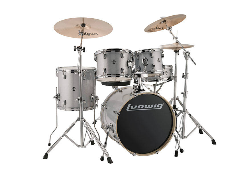 Evolution 5-Piece Drum Kit w/Hardware, Cymbals and Throne - Silver/White Sparkle