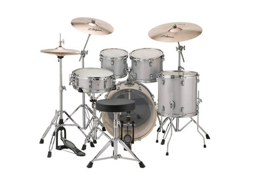 Evolution 5-Piece Drum Kit w/Hardware, Cymbals and Throne - Silver/White Sparkle