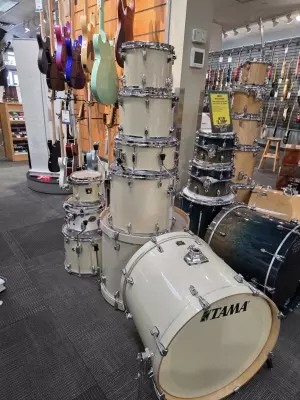 Tama Superstar Classic 8pc Shell Kit featuring Double Bass Drums in Vintage White Sparkle Finish
