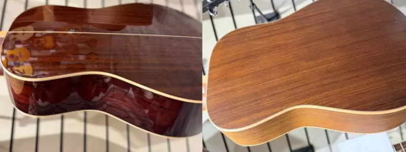 2 guitars with rose wood tops, left side honduran rosewood right side indian rosewood
