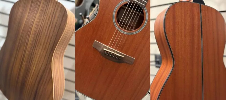 2 guitars with different wood tops, one with walnut and another with sapele