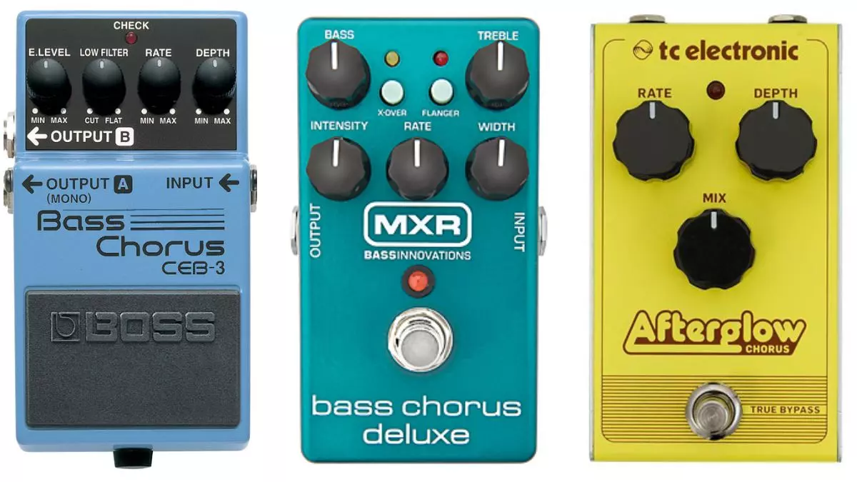 The BOSS CEB-3 Bass Chorus, the MXR M83 Bass Chorus Deluxe, and Afterglow Chorus (left to right)