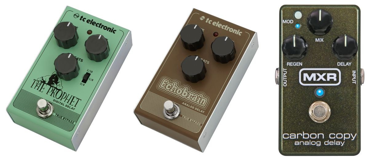The T.C. Electronic Prophet Digital Delay, EchoBrain Analog Delay, and the MXR M169 Carbon Copy Delay (left to right)