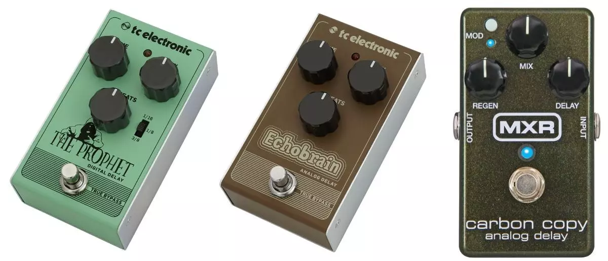The T.C. Electronic Prophet Digital Delay, EchoBrain Analog Delay, and the MXR M169 Carbon Copy Delay (left to right)