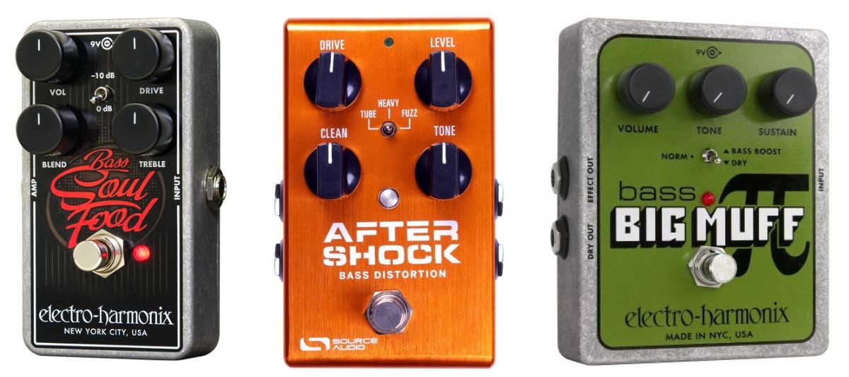 The EHX Bass Soul Food, the One Series Aftershock Bass, and the EHX Bass BigMuff (left to right)