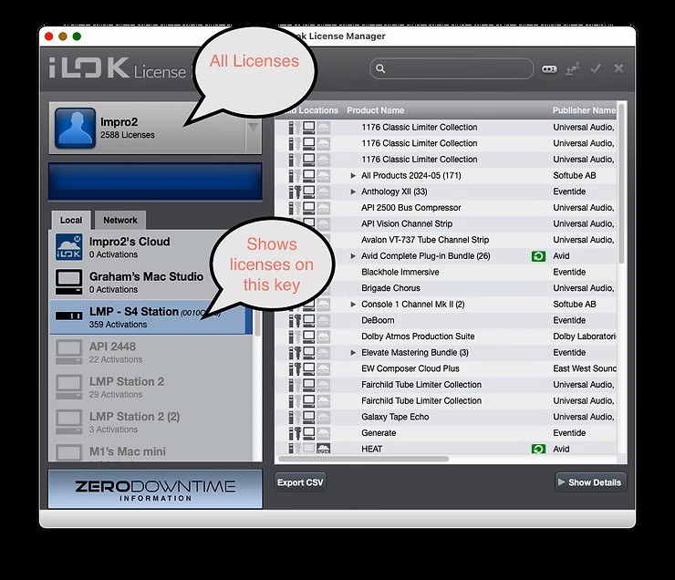 Capture d'écran à l'intérieur du gestionnaire de licences iLok