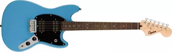 A Squier Sonic Mustang guitar in California Blue