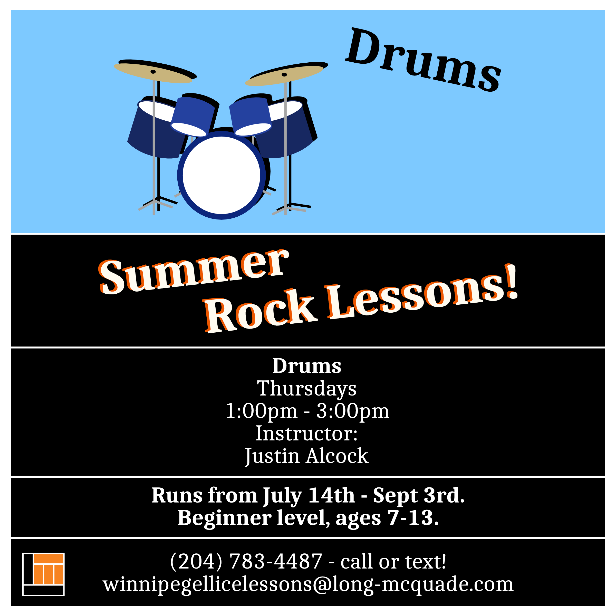 Summer Drum Rock Lessons Justin Alcock lessons in Winnipeg (Ellice)