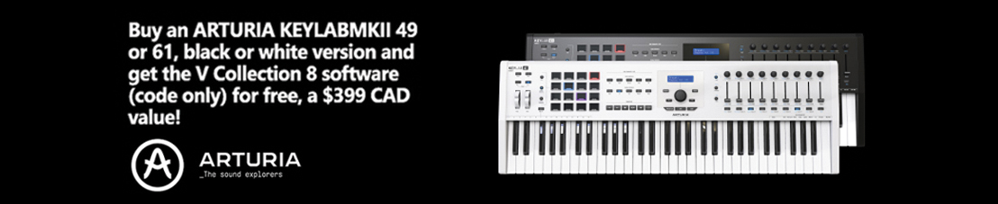 Buy an ARTURIA KEYLABMKII 49 or 61, black or white version and get the V Collection 8 software (code only) for free, a $399 CAD value!