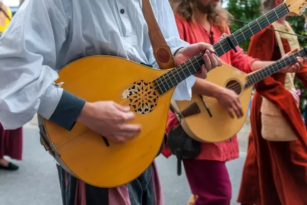 Group of people playing the Mandolin in a band outside
