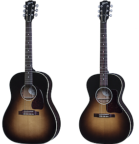 Gibson J-45 and L-00 acoustic guitars.